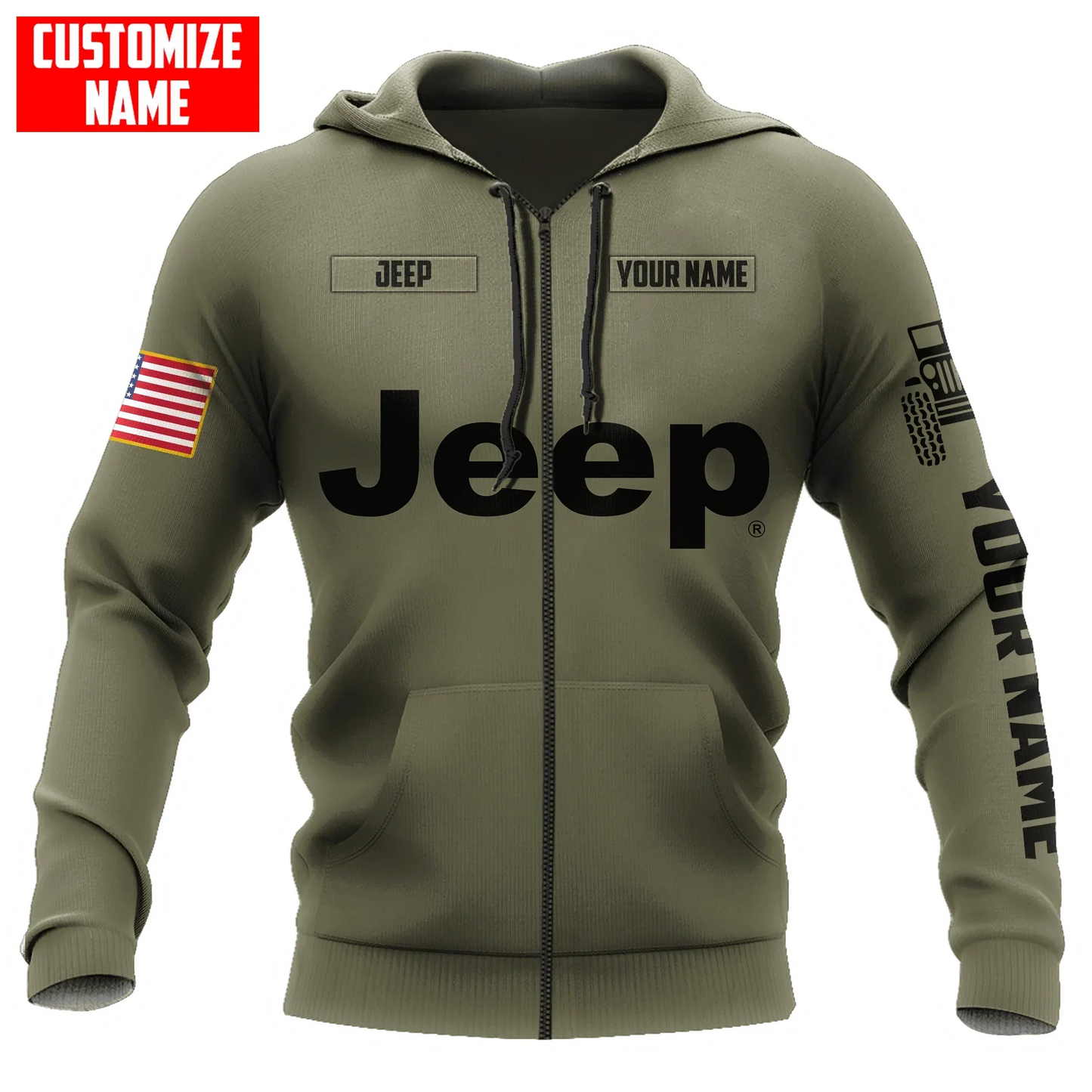 Jeep Custom Name Unisex Olive Hoodies All Over Print 3D