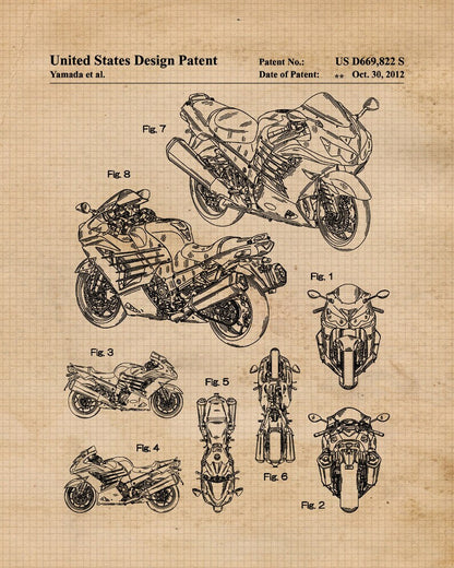 Vintage Motorcycle Blueprint Wall Art