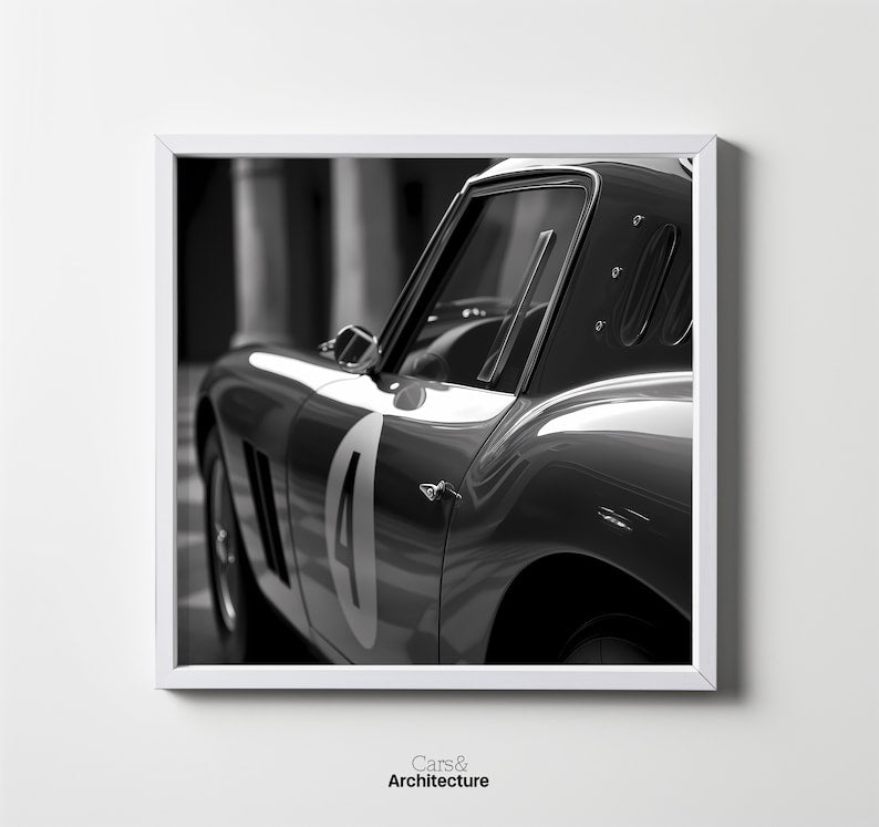 Classic Ferrari GTO: Minimalist Black & White Automotive Poster