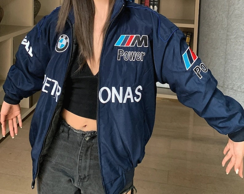 Vintage Blue BMW Formula 1 Racing Bomber Jacket