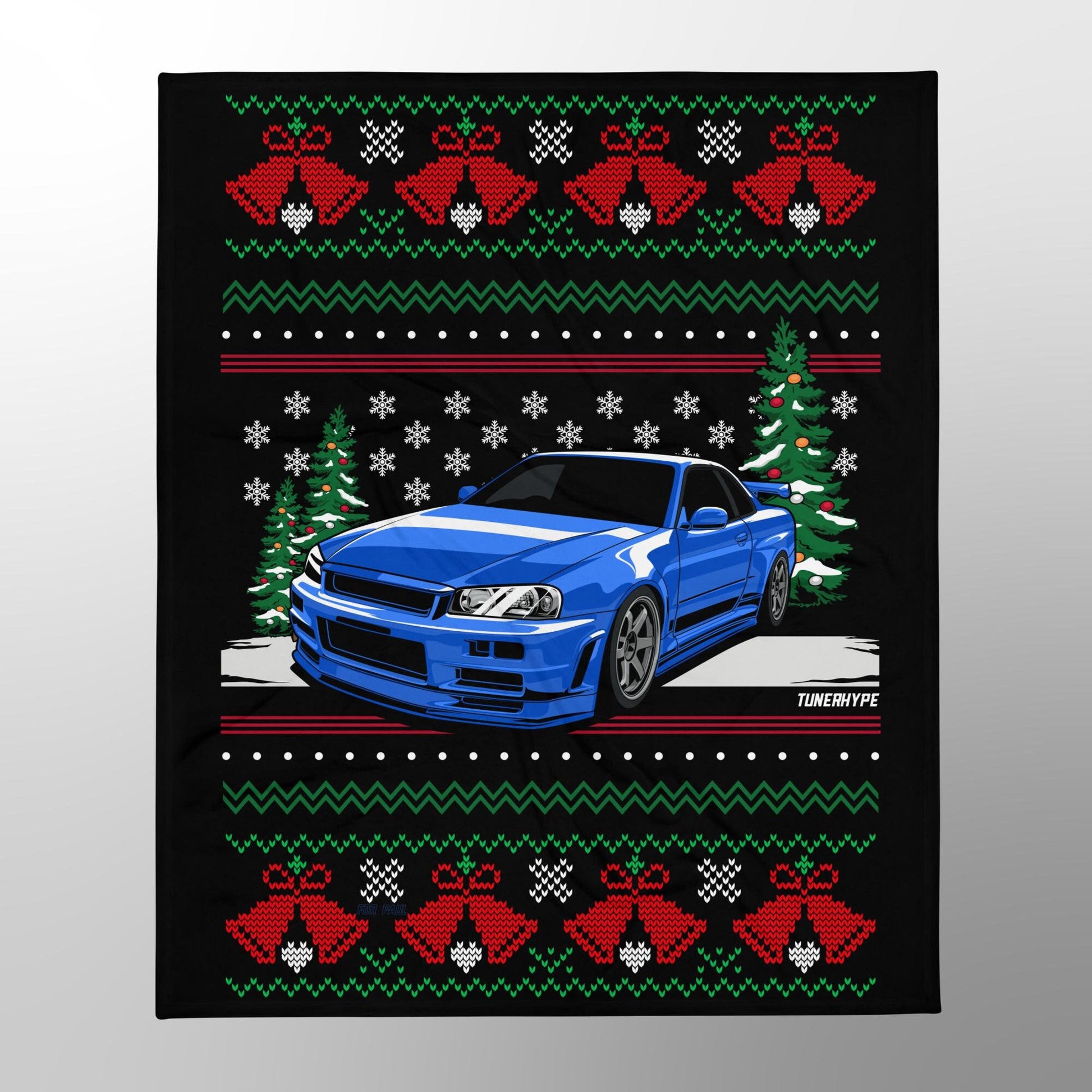 Ugly Christmas Blanket - Nissan Skyline R34 GTR - Ugly Xmas Sweater, Car Guy Holiday Gift, Funny Christmas Gift, Ugly Christmas Sweater