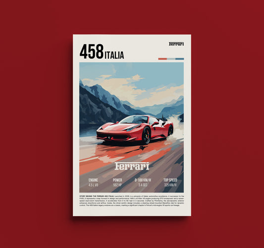 Retro Ferrari 458 Italia Automotive Print - Vintage Supercar Poster, Exotic Car Enthusiast Decor, Garage Wall Art