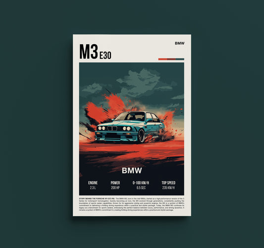 BMW E30 Retro Car Poster - Vintage Classic Auto Art Print, Nostalgic Car Enthusiast Wall Decor, Garage Art