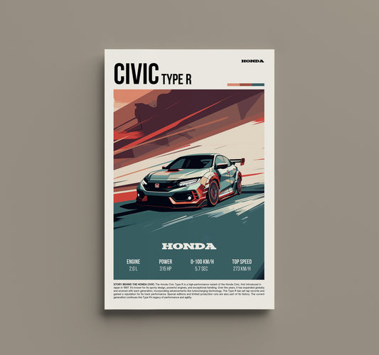 Retro Honda Civic Type R Automotive Print - Vintage JDM Poster, Sport Compact Enthusiast Decor, Garage Wall Art, JDM Car enthusiast