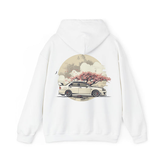 JDM White Subaru WRX STI Hoodie - Clean & Simple Aesthetic with Cherry Blossom Background