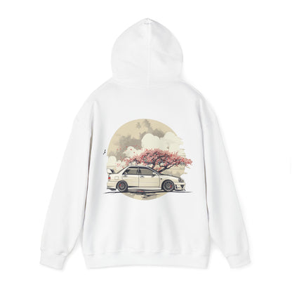 JDM White Subaru WRX STI Hoodie - Clean & Simple Aesthetic with Cherry Blossom Background