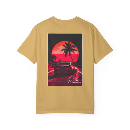 Palm Paradise Retro Car T-shirt - Boosted Gear Co, Vintage Sunset Tee, Cool Unisex Top, Casual Beach Vibes Shirt, Unique Graphic Apparel